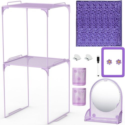 12 Pcs Locker Organizer Kit, First Day of School Essentials Includes Locker Shelf Rug Magnetic Mirror Magnetic Pen Holder Whiteboard Marker and Nails Locker Decoration for Classroom School (Purple)