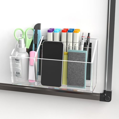 NiOffice Clear Acrylic Magnetic Dry Erase Marker Holder for Whiteboard Fridge Locker 8.4"x4.8"x2.4" Large Self Adhesive Wall Pen Holder for Home School Office,3-Grid Magnetic Pencil Organizer Holder