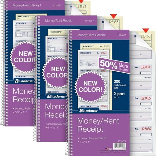 Adams Money and Rent Receipt Book - 2-Part Carbonless, 5-1/4" X 11" - Spiral Bound, 4 Receipts Per Page, 300 Sets per Book, 3 Pack