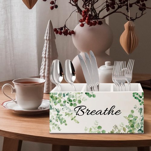 URLLUAE Sage Green Eucalyptus Breathe Makeup Brush Toothbrush Holder Organizer for Bathroom, Green Botanical Wooden Pen Pencil Holder for Office Desk Accessories