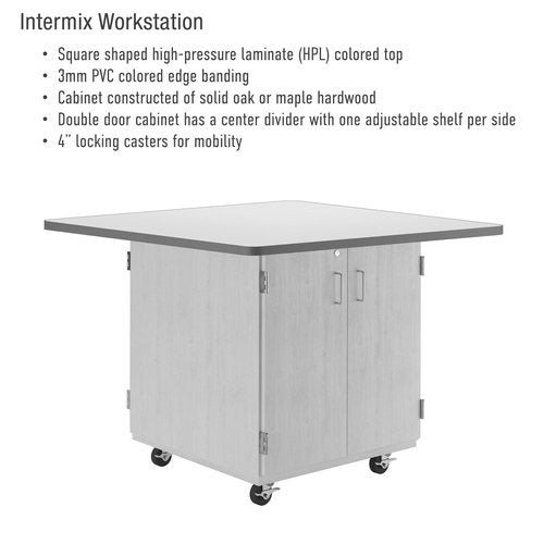 Diversified Spaces Intermix Mobile Collaboration School Workstation, 48"x48"x30'' Cabinet W/Adj. Shelf, Top Erasable, Edge Black, Solid Oak, 4 Casters, Makerspace, Art, Classroom