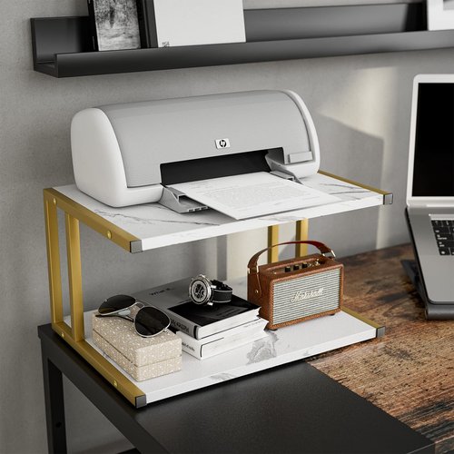 XBurmo 2 Tier Printer Stand, Desktop Printer Stand with Reinforced Metal Frame, Marble White Design Printer Shelf for Home Office, Compact Printer Stand for Desk or Under Desk, Holds Up to 20lbs