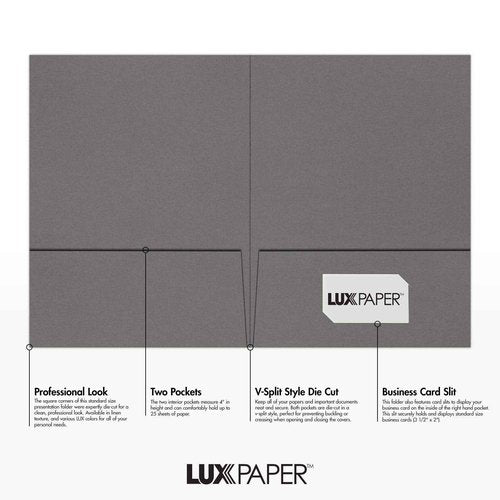 LUXPaper 9" x 12" Presentation Folders | Two Pocket | Smoke Gray | 100lb. Cover | 25 Qty