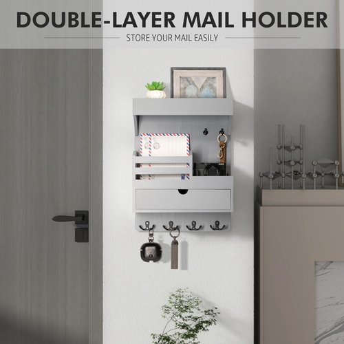 Rebee Vision Wooden Key Holder Wall Mount with Drawer Organizer – Modern Mail and Key Organizer for Wall Featuring 6 Robust Hooks & a Floating Shelf – Trendy Home Decor Solution (Gray)