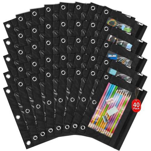 IKAYAS 40 Pack Black Pencil Pouch for 3 Ring Binder Colorful Pencil Pouch with Zipper Bulk, 3 Ring Binder Pencil Pouches Pencil Case Pencil Bags for Classroom Storing School Teacher Supplies