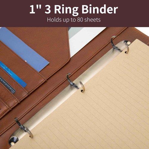Geslun Genuine Leather 3 Ring Binder, 8.5 x 11 Letter Size Folio with Pen Holder, Soft Notebook Portfolio Cover, Slim Notepad Padfolio Thin File Organizer for Work Executive Meeting, Brown, Oil Tanned
