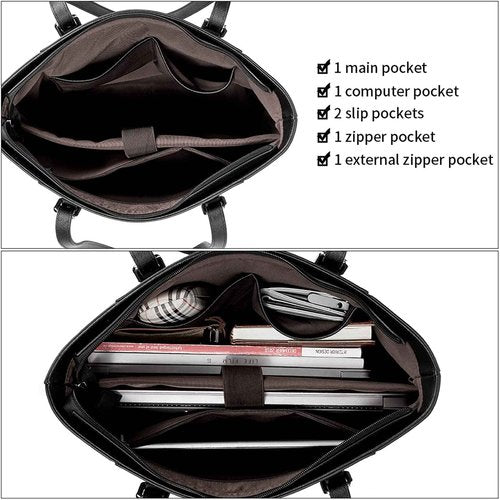 BROMEN Leather Laptop Bag for Women 15.6 inch Computer Office Briefcase Handbag Shoulder Work Tote with Padded Compartment black