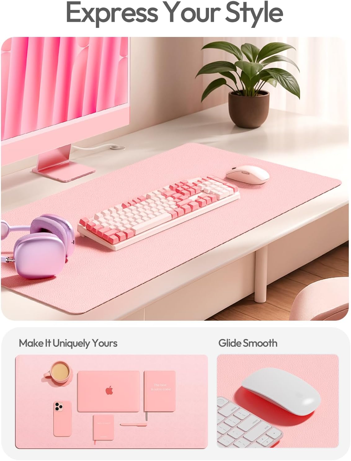 YSAGi Leather Desk Protector - Large Non-Slip PU Leather Office Mat | Waterproof Laptop Pad (Light Pink, 35.4" x 17")