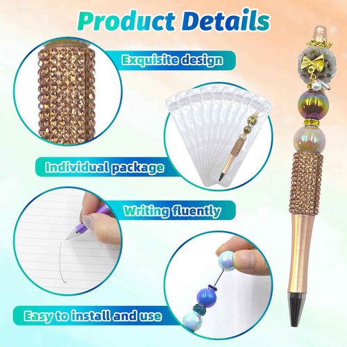 DASTTUIS 150 Pcs DIY Diamond Beadable Pen Kit - 50 Plastic Rhinestone Beaded Pens Bulk with Refills & Bags - Fancy Cute Glitter Pens for Crafting, Students & Teachers – School Supplies (Gold)