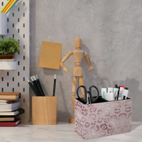 DEHOZO Pen Holder, Pencil Holder for Desk, Rose Gold Leopard Print PU Leather Desktop Pen Cup Storage, Desk Pencil Pen Organizer Makeup Brush Holder for Office Bedroom Home