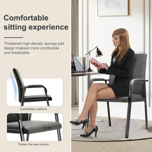 VACYOVKE Office Guest Reception Chair 600 lbs Capacity Leather Conference Room Chairs with Padded Armrests No Wheels Desk Chair Grey