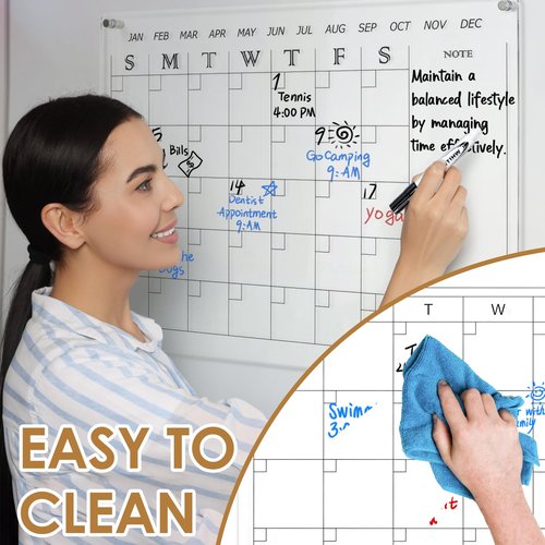 MAKELLO Acrylic Calendar for Wall, Clear Dry Erase Calendar for Office, School, Home, Bedroom, 4 Pens, Pen Holder, Wall-Mount Screws, 24x18 in