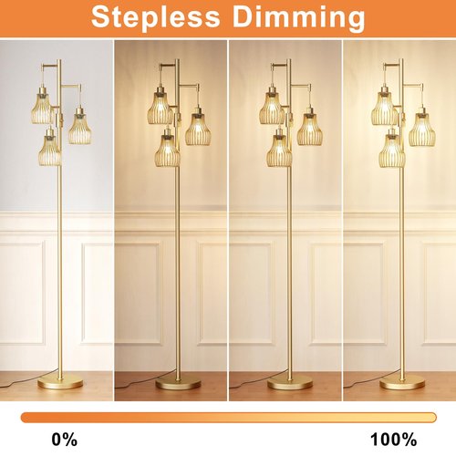 Ziisee Dimmable Gold Floor Lamps for Living Room, 70" Farmhouse Tree Standing Tall Lamps with 3 Elegant Cage Shade & 800 Lumens LED Bulbs for Bedroom Office