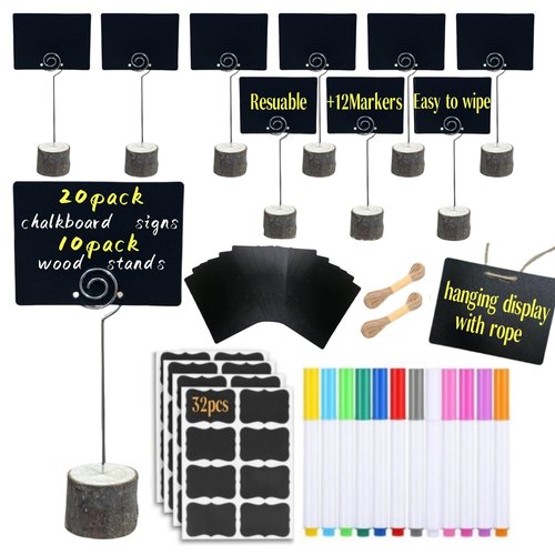 20 Pack Mini Chalkboard Signs Food Tags for Party Buffet with 10 Wooden Stands, Reusable Hanging Chalk Boards for Weddings Bakery Birthday Place Cards, Table Numbers