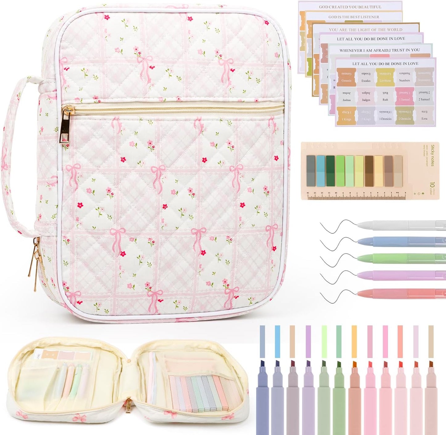Skiennix Bible Cover Case - Large Quilted Carrying Bag with Handles | Pink Patchwork for Women