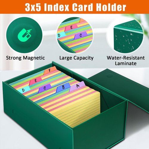 3x5 Index Card Holder Fits Dividers, 3.5x5.5 Inches Index Card Storage Box, Large Capacity - 1 Pack, Green