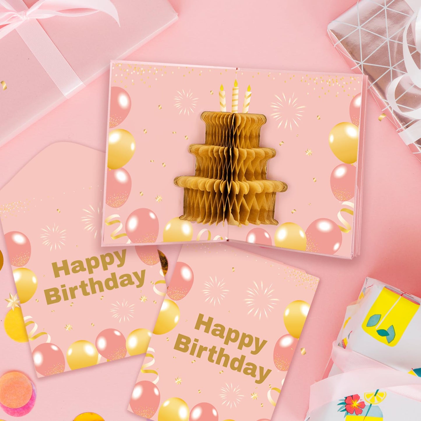 6 Slots 3D Happy Birthday Gift Card Booklet with Envelopes 3D Honeycomb Birthday Money Holder for Cash Gifts Surprise Money Card Sleeves Book Money Gift Ideas for Teacher Employee Friends (Pink)