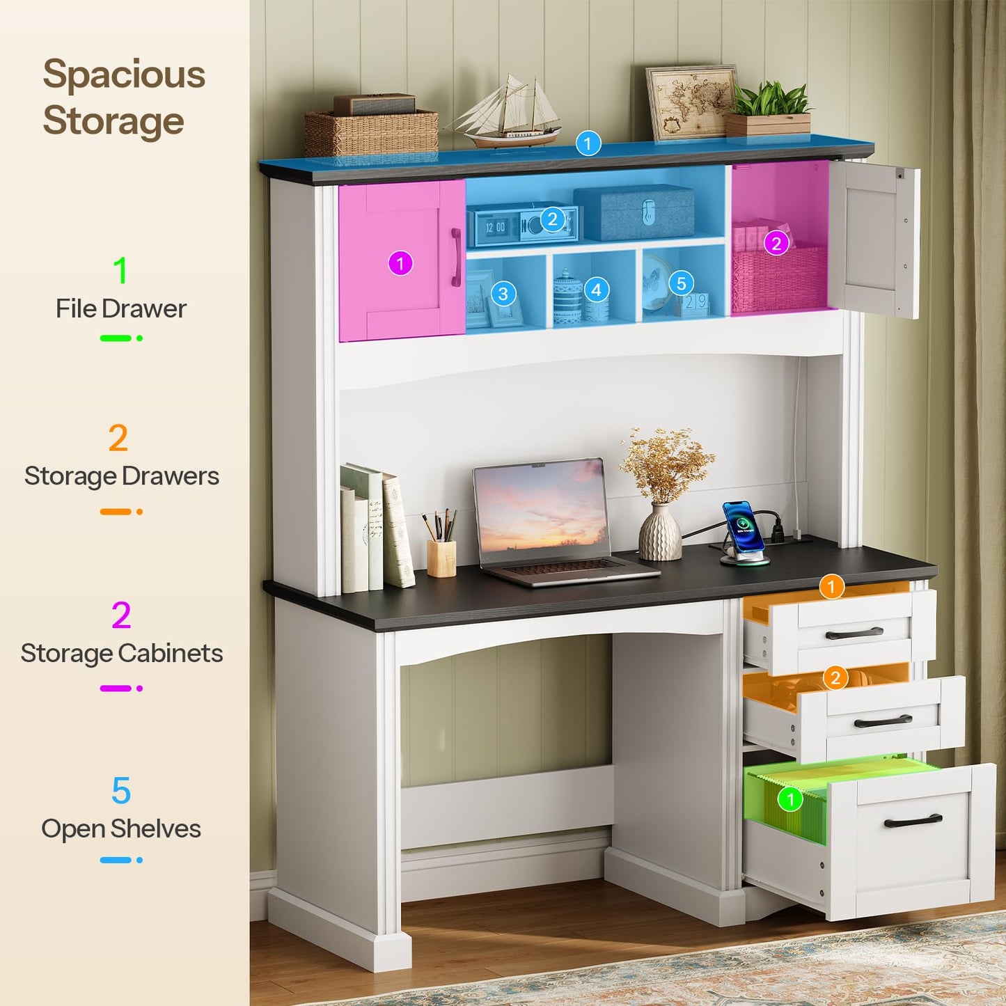 HOOBRO Farmhouse Computer Desk with Hutch and LED Light, 47.4" Large Home Writing Desk with File Drawer and Charging Station, Wooden Executive Desk for Home Office, Study, White and Black BW120UDDN01