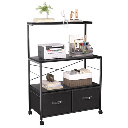 VECELO Lateral File Cabinet with 3 Shelf, 2 Drawer File-Cabinet on Brakeable Wheels, Large Printer Stand with Open Storage Shelf fits Letter Size for Home Office, Black