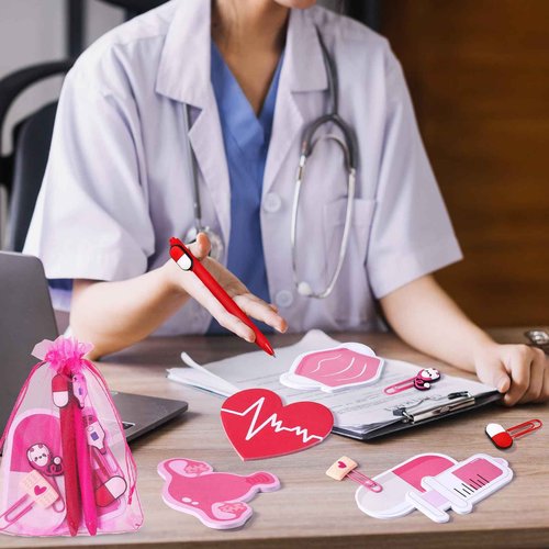 Saypacck 96 Pcs Nurse Gift Set of 24, Includes Pens Sticky Notes Bookmarks and Bags for Appreciation Nurses Week Gifts Hospital Student Essentials Medical Assistants Supplies(Pink White,Cute)