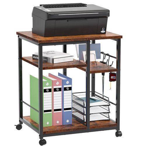 Furologee 3 Tier Printer Stand for Home Office Organization, Mobile Printer Cart with Wheels and 2 Hooks, Under Desk Shelf with Storage, for Living Room, Kitchen, Rustic Brown
