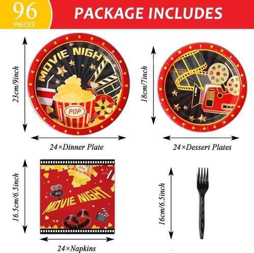 Movie Night Party Supplies Set - 96 Pcs Paper Plates & Napkins | Perfect for Birthdays & Celebrations