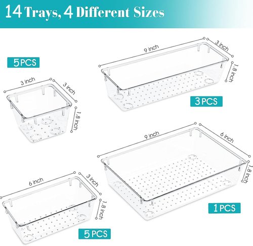 28 PCS Clear Plastic Drawer Organizer Set,4 Sizes Desk Drawer Divider Organizers and Storage Bins for Non-Slip Storage Containers for Makeup, Jewelries, Bedroom，Kitchen Utensils and Office(28)