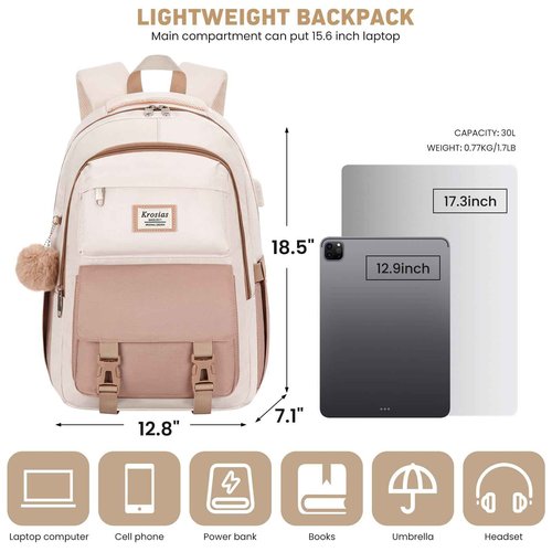 KROSIAS School Backpack for Girls Teens, Cute Aesthetic College Backpacks Large 17.3 Inch Laptop Bag Preppy Bookbag for Women Students Travel (Khaki Beige)