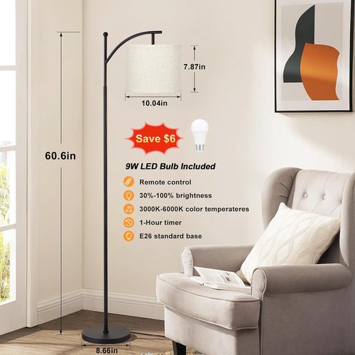 Ambimall 60" Modern Floor Lamp - Remote Control & Stepless Dimmable Bulb | Adjustable Brightness & Color Temperature - Beige Shade & Black Pole