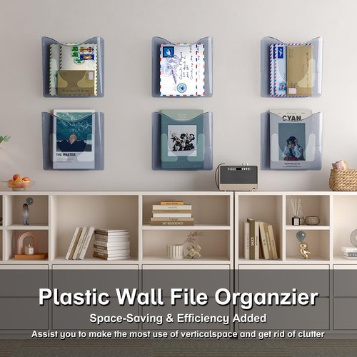 PAG-Mass 6 Pocket Wall File Organizer, Plastic Hanging File Holder, Wall Mount Paper Organization, Gray