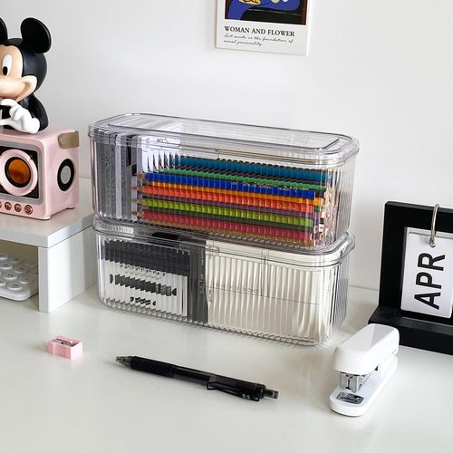 NINEWEEN 3 Pack Clear Pen Organizer for Desk Drawer, Plastic Home Office Supplies Storage Container for Marker, Crayons, Brushes, Mini Toys, Art Crafts, Pencil Case with Lid