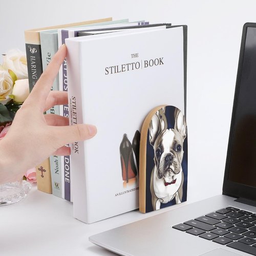 Cute French Bulldog Wood Bookends Heavy Duty and Sturdy Bookends for Shelves Non-Skid Book Stopper for Home Books DVDs Decorative CD Holder Video Game Organizer