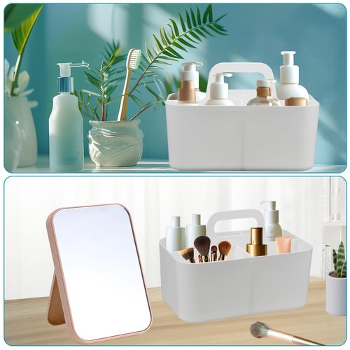 giteo bedding Desk Organizer with Handle, 2 Pcs Plastic 5-Compartmen Storage Caddy, Stackable Portable Container for Office, Bathroom, Craft, Cupboards (White)