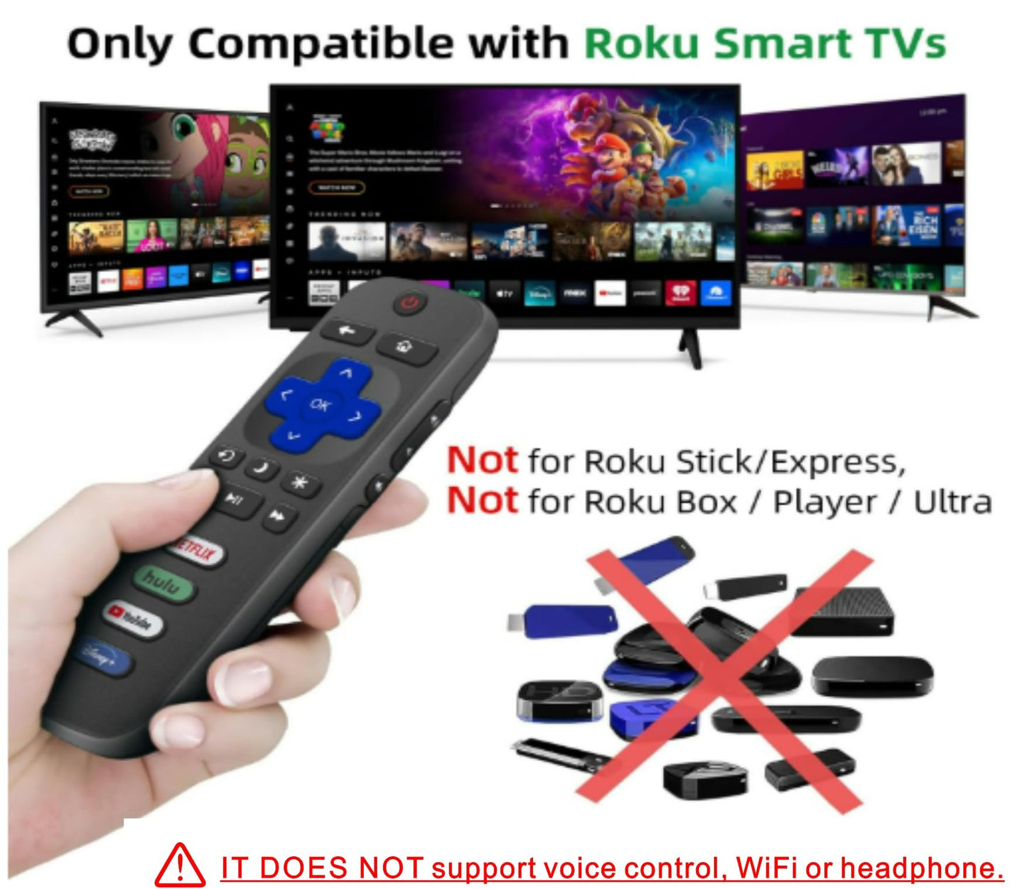 (Pack of 2) Replacement for Roku TV Remote Control, Compatible with TCL Roku/Hisense Roku/Onn Roku/Roku Built-in Smart TVs. (Not Compatible with Roku Stick or Box). 1 Year Warranty.