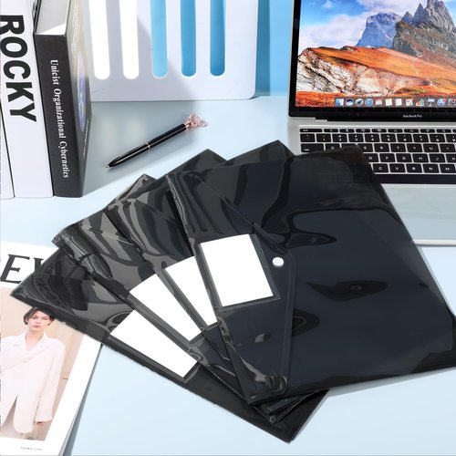 Yeaqee 50 Pcs Plastic Envelopes Poly Envelopes File Folders with Snap Button Closure Clear Folders for Documents US Letter A4 Size Filing Holder with Label Pocket for Home Office School(Black)