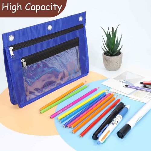 YoeeJob 24 Pack Pencil Pouch for 3 Ring Binder, Expandable Binder Pouches with Zipper, Large Capacity Pen Holder Case with Clear Window School Class Office Organizers, Blue