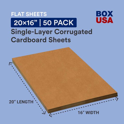 BOX USA Moving Corrugated Sheets Large, 20"L x 16"W 50-Pack | Corrugated Cardboard Sheets for Packing, Shipping and Storage20x16 2016