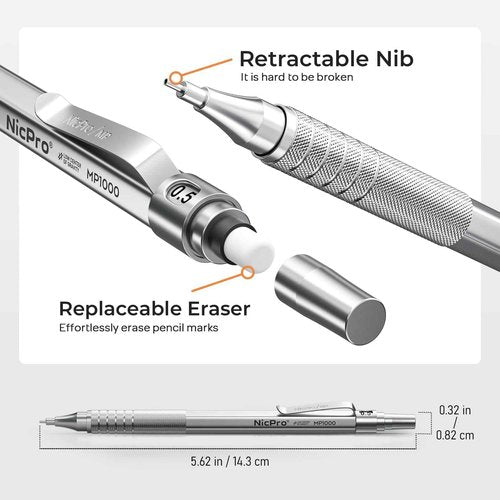 Nicpro 45PCS Black & Silver Metal Mechanical Pencil Set in Leather Case, Art Drafting Pencil 0.5, 0.7, 0.9 mm, 2mm Lead Holders for Sketching Drawing With 27 Tube (6B 4B 2B HB 2H 4H Colors)Lead Refill