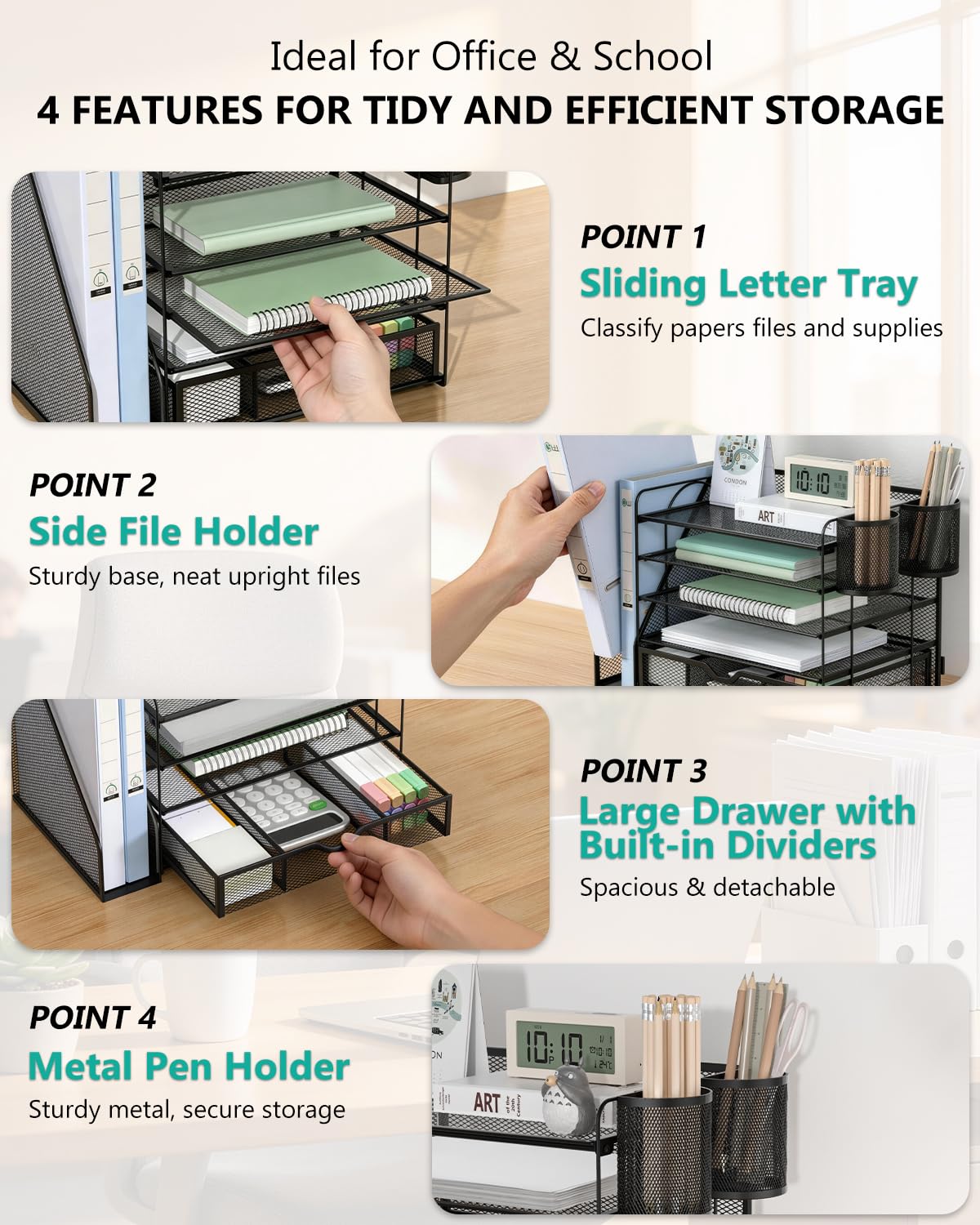 WALI Desk File Organizer, 5 Tier Desktop Paper Letter Tray Organizer with Drawer and 2 Pen Holders, Office Desk Accessories & Workspace Organizers for Office, Home Supplies(DO006DH-B), 1 Pack, Black