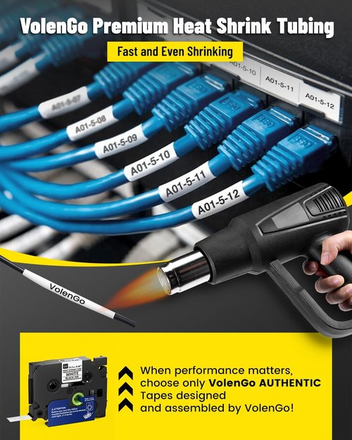 E1000 Label Maker | Waterproof Heat Shrink Labels & Tapes - 0.46'' (12mm) Black on White