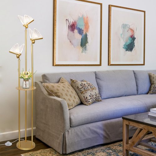Stepeak Gold Floor Lamps for Living Room, Modern Floor Lamp with Shelves, 3 Adjustable LED Butterfly Lights, Brass Standing Lamps with Table, On/Off Switch, Corner Tall Floor Lamp for Bedroom