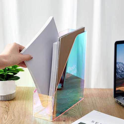 Engrowtic 2 Pcs Iridescent Vertical Magazine File Holder Acrylic Magazine Holder Storage Magazine Organizer Plastic Clear Acrylic Magazine Rack for Office Classroom Home Document Paper Book Collection