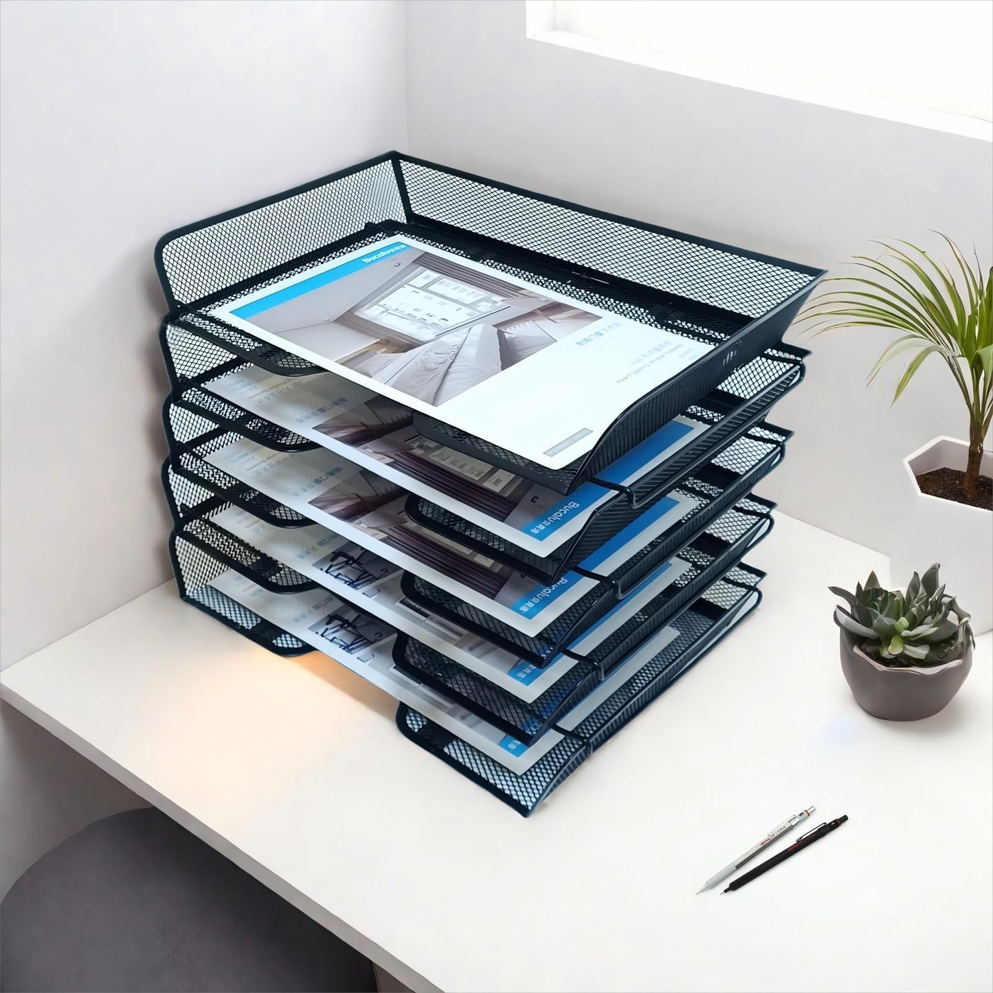 5 Tier Metal Mesh Desk Organizer-Stackable Letter Trays for Office Supplies,Black File Storage System with Reinforced Edges