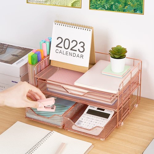 ECOLOVI Computer Monitor Stand for Desk, Desk Organizer and Accessories with 3 Drawers and 2 Pen Holders, Rose Gold Office Supplies Computer Desk Accessories
