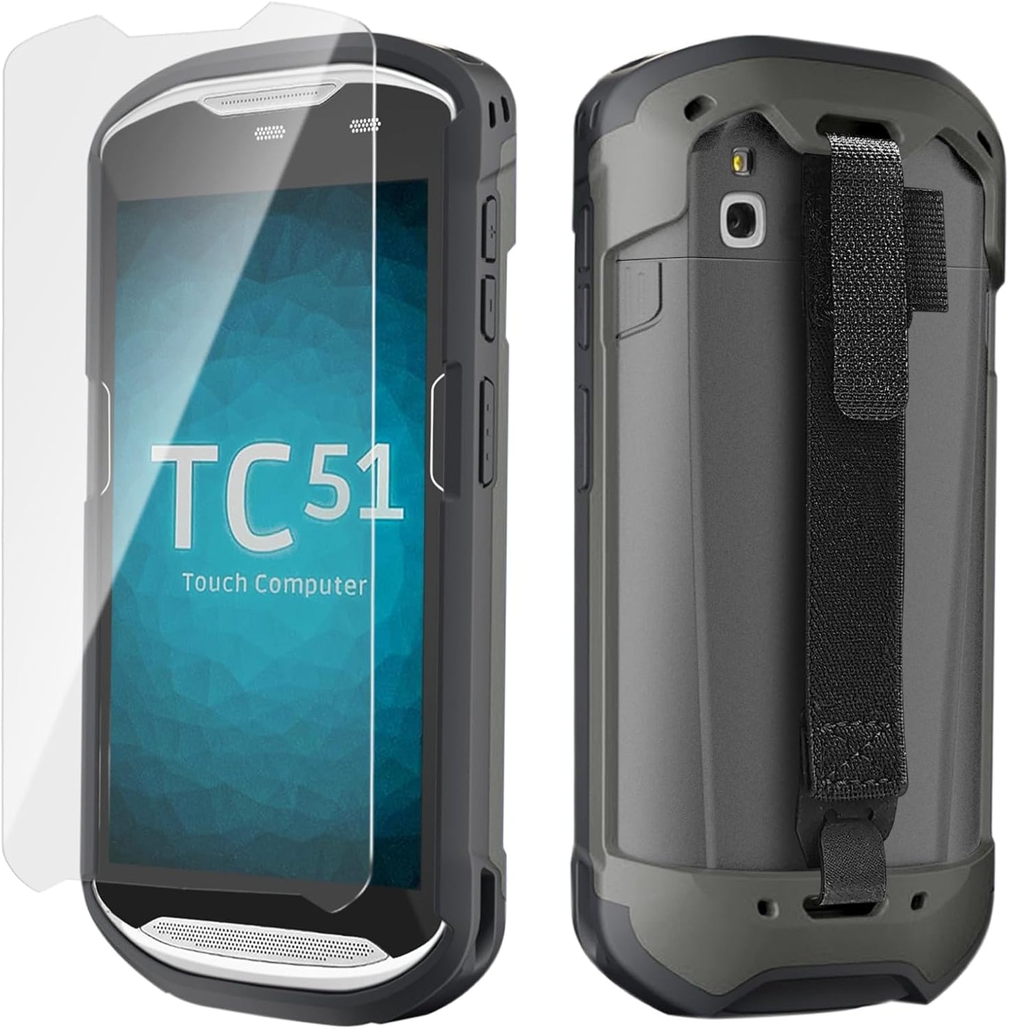 Zebra Protective Case Cover - Rugged Boot with Hand Strap & Tempered Glass for TC51/TC52/TC56/TC57 (Black)