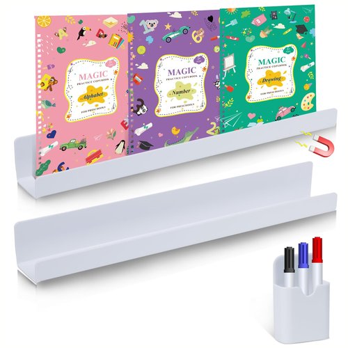 YAMMI 2 Pack Magnetic Book Shelf for Whiteboard Classroom - Upgraded Version Magnetic Shelf for Organizing Books on Whiteboards - Includes 1 Pack Magnetic Pen Case (White)