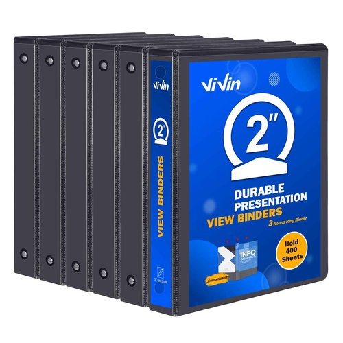 3 Ring Binder 2 Inch, ViVin Sturdy 2"-Round Ring Binder with 2 Interior Pockets, Clear View Cover, PVC-Free, Fits 400 Sheets of 8.5'' x 11'' Paper, Office Home School (6 Pack, Black)