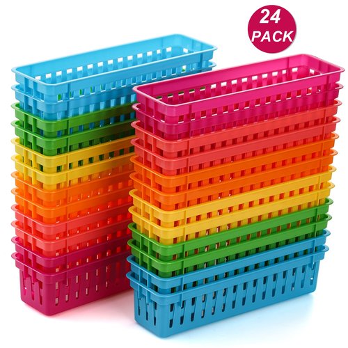 ZEAYEA 24 Pack Classroom Storage Baskets, Classroom Pencil Organizer Baskets for Desk, Drawer, Plastic Pen and Pencil Basket Trays, Crayon Basket for Office Home, 9.3" L x 2.2" W x 2.4" H