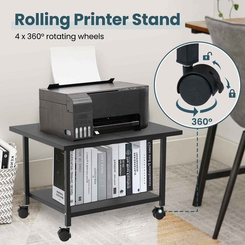SwaaVee Printer Stand with Storage Under Desk Shelf, Desktop Printer Stand Organizer, Rolling Printer Cart Storage Paper Files Holder for Desk, Office, Home, (Black)