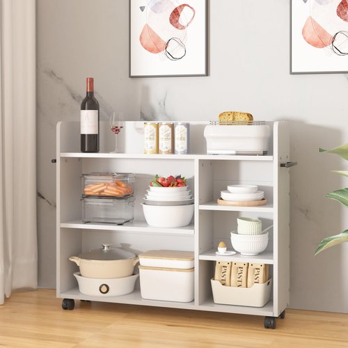 VECELO Book Cart, Wood Rolling Library Book Truck with Lockable Wheels and Adjustable Shelves, for Home Office, White